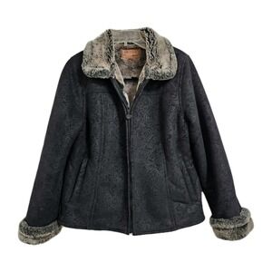 Outback Trading Co. Tooled Coat Women's Med Black Collar Faux Fur Lined Pockets